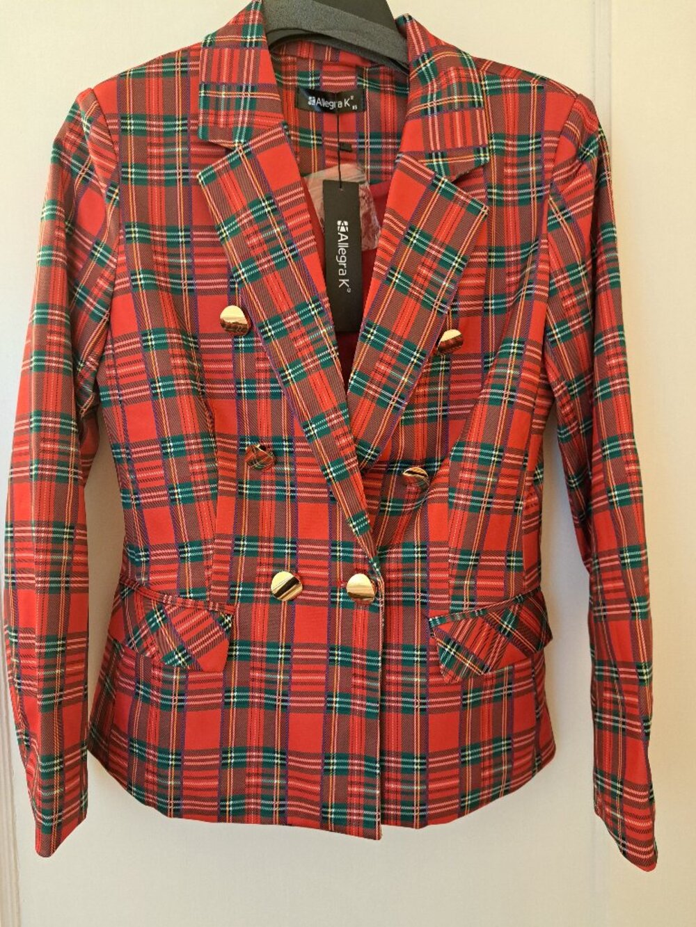 NWT ALLEGRA K Plaid Festive Holiday Gold Button BLAZER Ladies - XS
